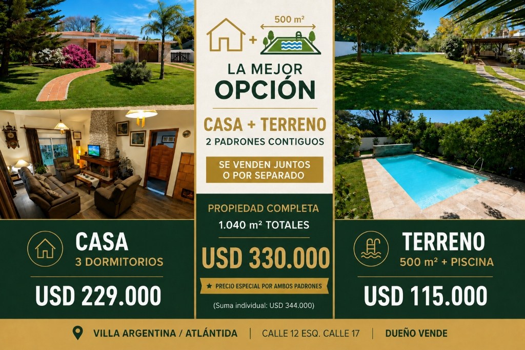 Casa de 3 dormitorios y terreno de 500 m² con piscina en Villa Argentina: 2 padrones contiguos que se venden juntos o por separado